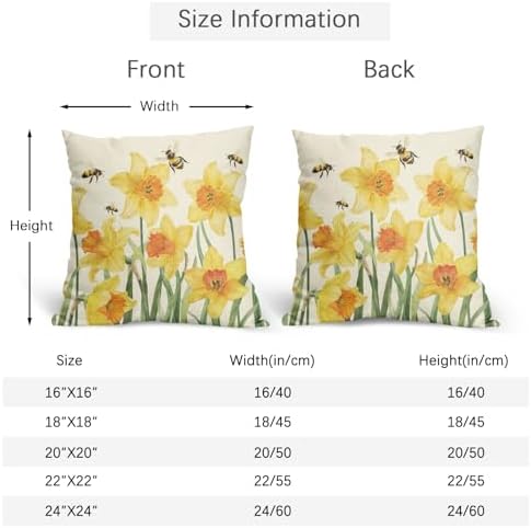 Spring Pillow Covers 22x22 Set of 2 Yellow Floral Throw Pillow Covers Rustic Flower Pillowcase Linen Decoration Farmhouse Soft Decorative Bee Summer Cushion Case Couch for Indoor Outdoor Home Decor - Image 4
