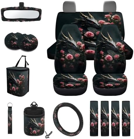 Cool Dragon Roses Print 15Pcs Car Seat Cover Full Set Car Steering Wheel Cover Seat Belt Cover Trash Bin Air Vent Storage Box Front Rear View Mirror Car Cup Holder Keychain