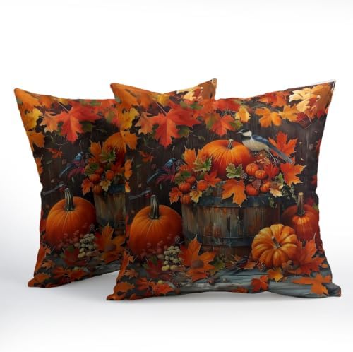 Fall Pumpkin Maple Leaves Pillow Covers 24x24 Set of 2 Highly Absorbent - Image 2