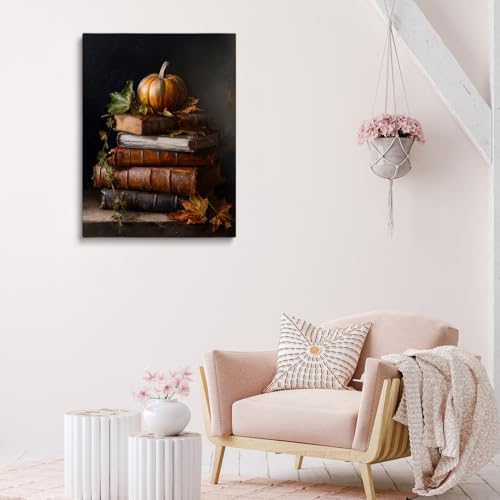 Vintage Pumpkin Still Life Wall Art – Antique Books with Fall Leaves Canvas Print,Dark Academia Autumn Aesthetic Poster for Reading Nook Decor 24x36in Large Frame wall art - Image 6