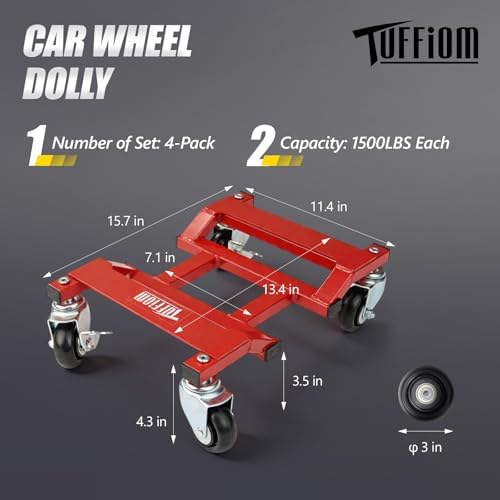 TUFFIOM Car Dolly Set of 4, Wheel Dollies, 6000LBS, Deformation-Resistant Secure V-Groove,Solid Casters Upgraded for Heavy Duty Vehicles Moving & Auto Repair, SUV, Trailers, Red - Image 6