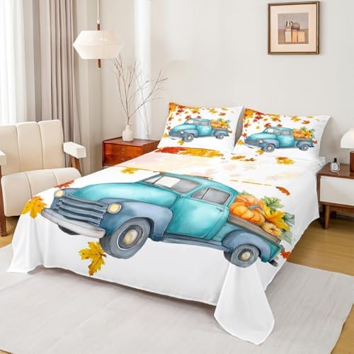 Pumpkin Truck Bed Sheets Fall Thanksgiving Harvest Seasonal Fitted Sheet Set Twin Autumn Maple Leaf Bedding Set Farmhouse Home Room Decor Watercolor Rustic Sheet Set Orange White Flat Sheet 3 Pcs by Erosebridal