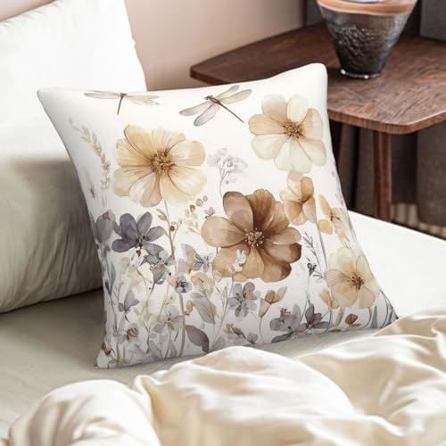 KiuLoam Rustic Floral Pillow Covers 16x16 Inch Set of 2, Gray Brown Watercolor Flower Farmhouse Decorative Throw Pillows, Neutral Outdoor Square Cushion Cases for Sofa Couch Bed Home Decor - Image 6