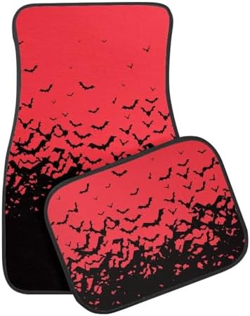 Red Black Bat Print Funny Halloween Car Floor Mats 4 PCS, Cute Durable Interior Accessories for Car SUV, All Weather Floor Mats with Front Rear Trunk Liners Set for Party
