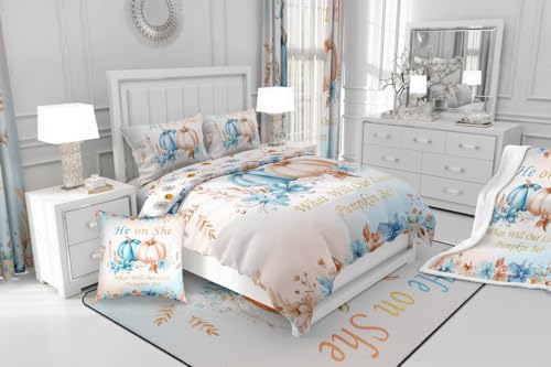 Erosebridal Pumpkins Eucalyptus Leaves Kids Bedding | Fall Comforter Sets King,Autumn Thanksgiving Comforter Blue Pumpkin Decor Duvet Insert with 2 Pillow Cases - Image 7