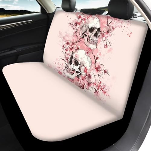 Skulls Pink Cherry Blossom Print Car Seat Covers 4Pcs Front & Rear Breathable Seat Covers Universal Fits for Truck, Sedan, SUV Auto Interior Protector Car Accessories