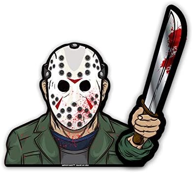 Jason Friday the 13th Hockey Masked Machete Killer WiperTags with Decal attaches to Rear Vehicle Wiper Accessory. All Weather Resistant and UV Protected. Quality Made in USA.