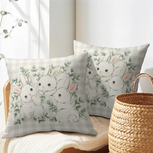 Easter Pillow Covers 24x24 Set of 2 Cute Bunny Rabbit Throw Pillow Covers Rustic Spring Pillowcase Linen Decoration Farmhouse Soft Decorative Plaid Cushion Case Couch for Indoor Outdoor Home Decor - Image 7