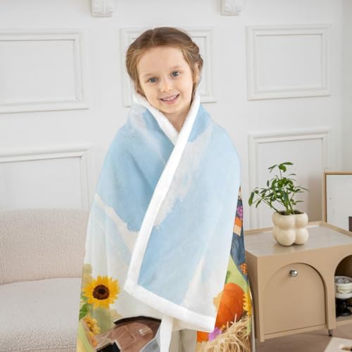 Fall Pumpkin Throw Blanket Harvest Truck Scarecrow Fleece Flannel Blankets Kids Boys Girls Room Decor Thanksgiving Sunflower Bed Blankets for Bed Sofa Couch Orange Green Plush Blanket Throw 50"x60" - Image 3