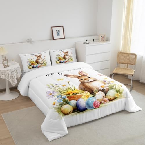 Cute Rabbit Comforter Set Queen Size,Happy Easter Quilt Set Watercolor Egg Floral Bedding Set 3Pcs for Kids Girls Women Teens Room Decor,Nature Animals Plants Spring Duvet Insert,2 Pillowcases - Image 6