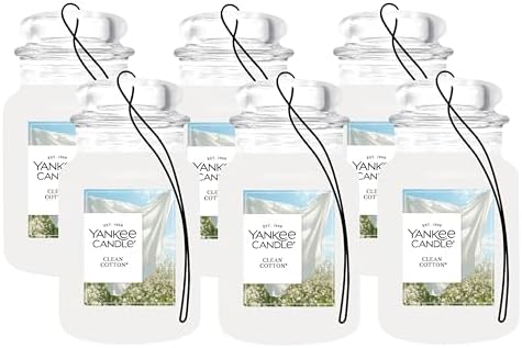 Yankee Candle Classic Paper Car Jar Air Freshener, Hanging Car Freshener, Long Lasting Odor Neutralizing Car Fragrance, Clean Cotton (Pack of 6)