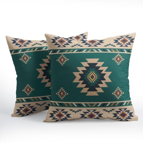 Sweetshow Western Native American Throw Pillow Covers 20x20 Inch Turquoise Blue Aztec Southwest Decorative Pillow Cases for Couch Set of 2 Linen Cushion Cover for Couch Sofa Patio Bedroom Livingroom - Image 2