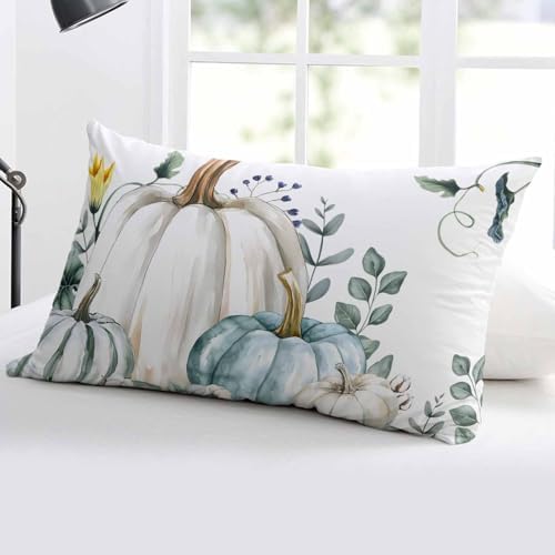 Pillow Covers 20x36 Inch - King Fall Thanksgiving Blue Grey Pumpkin Watercolor Eucalyptus Leaves Soft Brushed Microfiber Pillowcases with Hidden Zipper Closure Bed Pillow Shams for Bedroom Sofa Car - Image 5