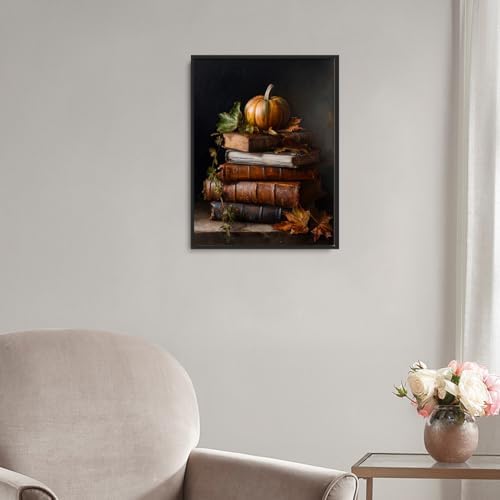 Vintage Pumpkin Still Life Wall Art – Antique Books with Fall Leaves Canvas Print,Dark Academia Autumn Aesthetic Poster for Reading Nook Decor 12x16in Black aluminum frame - Image 6