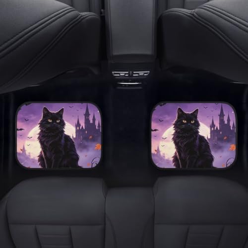 Halloween Car Floor Mat Set,Universal Fit Protection Heavy Duty Castle Moon Heel Pad Car Mats Black Cat Car Floor Front and Rear 2 Rows Set 4 Piece