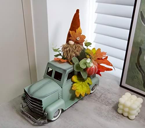Vintage Turquoise Metal Truck with Gnomes Pumpkin Maple Leaf Farmhouse Table Top Fall Decor, Autumn Themed Thanksgiving Old Pickup Truck Decorations for Home Table Shelf, 12 inch - Image 6