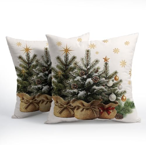 Christmas Tree Throw Pillow Covers 16x16 Set of 2 Snowflakes Eucalyptus - Image 3