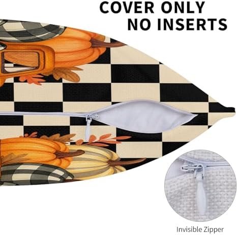 KiuLoam Vintage Fall Thanksgiving Pillow Covers 22x22 Set of 2, Orange Pumpkin Farm Truck Black Checkered Print Decorative Throw Pillow Cases for Living Room Sofa - Image 6
