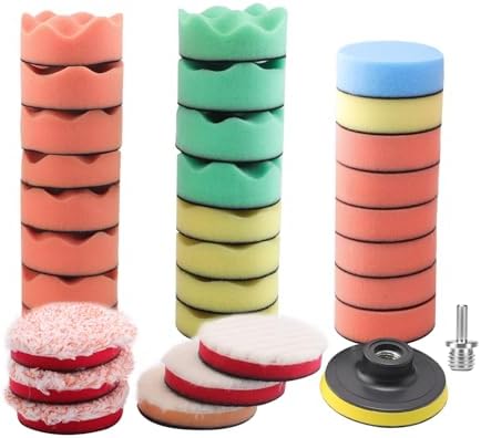 Drill Polishing Kit for Car, 3''(80mm) 32Pcs Car Foam Buffing Pads, Wool Pads Drill Buffing Pad, Wax Buffer Polisher Attachment with 5/8-11 Thread Backing pad & Adapters by ZFE
