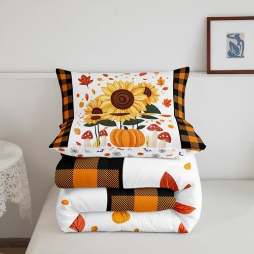 Erosebridal Sunflower Pumpkins Kids Comforter Set | Autumn Fall Pumpkin Decor Bedding Queen Size Yellow Sunflowers Decorations Down Comforter Happy Thanksgiving Duvet Set for Bedroom - Image 6