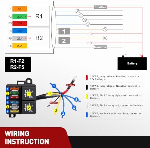 Nilight 12V Fuse Relay Box 2 Relays 4pin 80A 6 Fuses Pre-Wired Block Kit