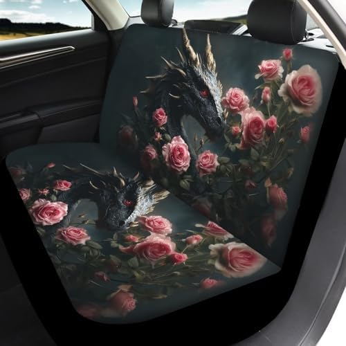 Cool Dragon Roses Print Car Seat Covers 4Pcs Front & Rear Breathable Seat Covers Universal Fits for Truck, Sedan, SUV Auto Interior Protector Car Accessories