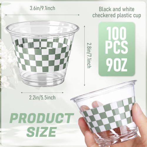 LemonRoad 100 Pcs Green and White Checkered Plastic Cups 9 oz Race Car - Image 2