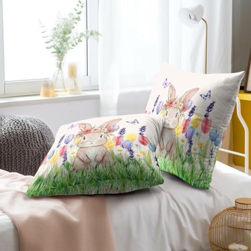 Easter Bunny with Flower Wreath Throw Pillow Covers 24X24 Inches Set of 2 Spring Colorful Tulip Butterflies Pillowcase Soft Cotton Square Seasonal Cushion Covers for Living Room Sofa Bedroom Decor - Image 6