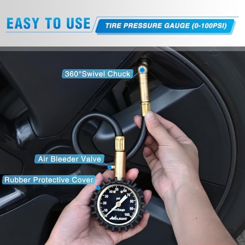 Nilight 100PSI Tire Pressure Gauge Glow Dial 14" Extended Hose