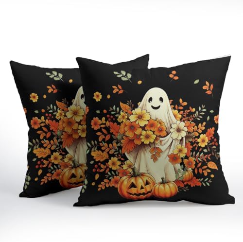 Halloween Ghost Throw Pillow Covers 16x16 Set of 2 Orange Floral Leaves Spooky Pumpkin Pillow Covers Black Autumn Flower Leaf Cute Pillowcase for Kitchen Sofa Cushion Outdoor Bedroom Decoration - Image 2