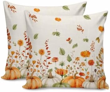 Fall Green Orange Pumpkin Pillow Covers 20x20 Inch Set of 2, Thanksgiving Autumn Wildflowers Decorations Indoor Outdoor Throw Pillows, Orange Blue Linen Pillowcases for Patio Sofa Couch Bedroom by JasmineM