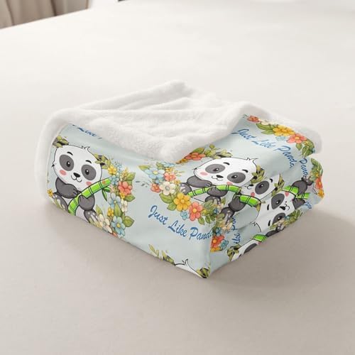 Cute Kawaii Panda Sherpa Blanket Cartoon Wild Animal Pandas Throw Blanket Bedroom Living Room Soft Cozy Green Leaves Print Blankets Decor for Bed Couch Sofa Green Black White Flannel Blankets 30"x40" - Image 7