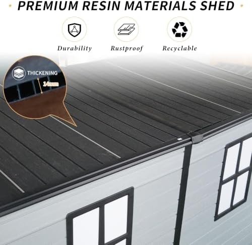 4x8ft Outdoor Resin Shed Floor 2 Windows Lockable 14mm Polypropylene, Gray - Image 3