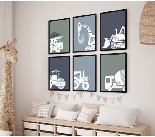 Construction Truck Wall Art Nursery Canvas Wall Decor Boys Room Wall Art Kids Car Posters Toddler Prints Nursery Artwork Excavator Tractor Pictures for Playroom Bedroom 12x16 Inch Wood Framed Set of 6 - Image 3