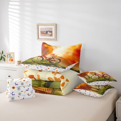 Bicycle Twin Size Comforter Set with Sheets Fall Decorations for Home 7 Pieces Bed in a Bag Twin Maple Leaves Rustic Farmhouse Autumn Decor Beddding Sets with Comforter,Flat Sheet,Pillowcases - Image 5