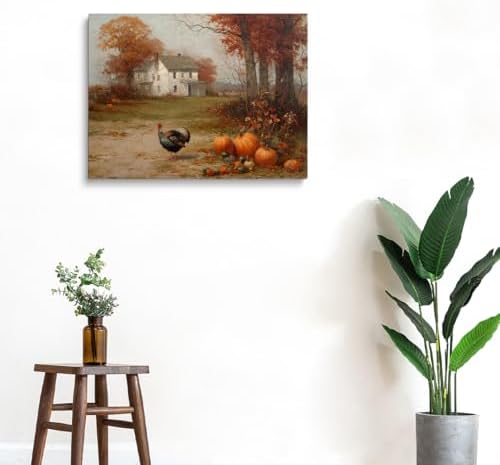 Autumn Farmhouse Wall Art with Turkey and Pumpkins – Vintage Thanksgiving Landscape Poster,Rustic Fall Harvest Canvas Print for Dining Room Decor 20x30in Large Frame wall art - Image 6