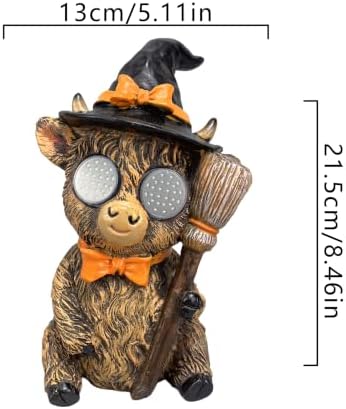 Halloween Highland Cow LED Statue, Witch Broom Decor - Image 3