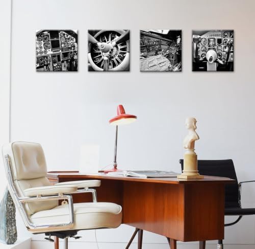 Vintage Airplane Canvas Wall Art, B&W Cockpit Print 12×12 Inch, 4 Panel Set - Image 6