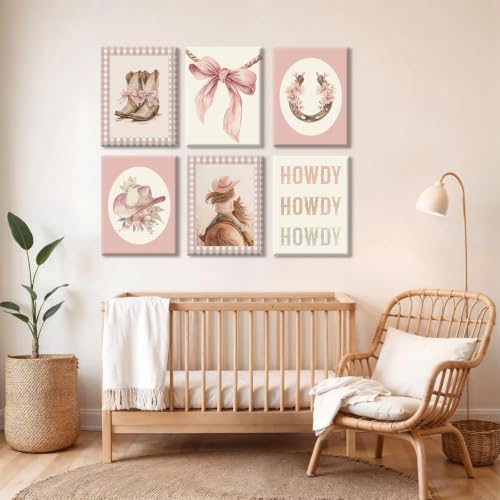 Western Cowgirl Nursery Wall Art Decor Vintage Girl Room Canvas Poster Pink Coquette Nursery Art Prints Preppy Aesthetic Pictures Bow Floral Boots Artwork for Girls Bedroom 12x16x6 Inch Wrapped Canvas - Image 4