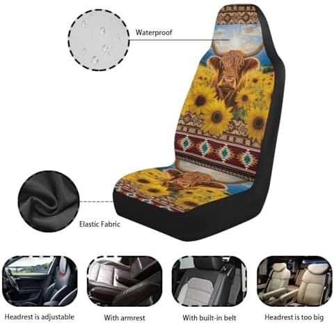 Sunflower Highland Cow Car Seat Covers Elastic Fabrics Waterproof Car Seat Cover Easy to Install Auto Interior Accessories 2 Pcs Set for SUV, Vans,Sedan,Truck