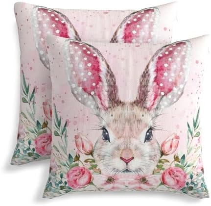 KiuLoam Easter Bunny Pillow Covers 20x20 Inch Set of 2, Pink Floral Leaf Rustic Farmhouse Decorative Throw Pillows, Easter Spring Outdoor Square Cushion Cases for Sofa Couch Bed Home Decor by KiuLoam