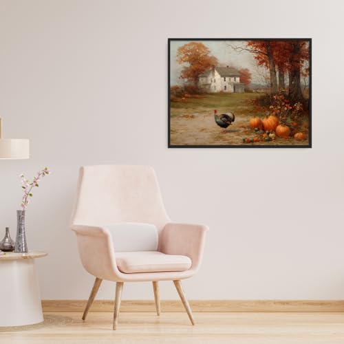 Autumn Farmhouse Wall Art with Turkey and Pumpkins – Vintage Thanksgiving Landscape Poster,Rustic Fall Harvest Canvas Print for Dining Room Decor 12x16in Black aluminum frame - Image 4