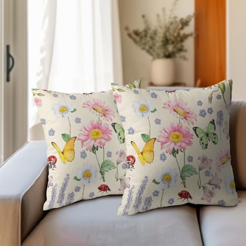 Spring Pillow Covers 18x18 Set of 2 Floral Throw Pillow Covers Rustic Butterfly Pillowcase Linen Decoration Farmhouse Soft Decorative Summer Cushion Case Couch for Indoor Outdoor Home Decor - Image 3