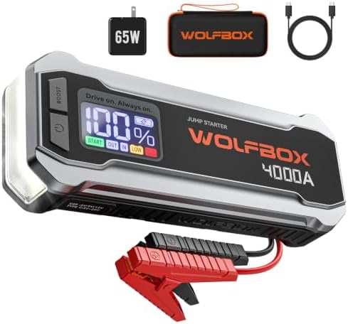 WOLFBOX 4000A Jump Starter,12V Car Battery Jumper Starter Portable with 65W Quick Charger,LED Display,88.8Wh Booster Jump Box Pack (10L Gas 10L Diesel Engine) with LED Light,Jumper Cables, MV24 by WOLFBOX