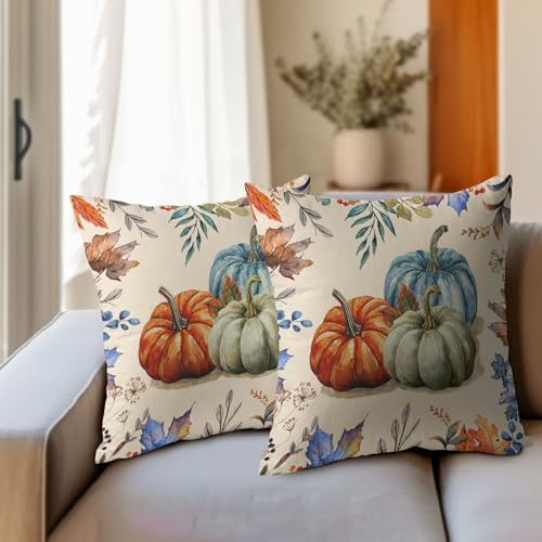 Fall Pumpkin Throw Pillow Covers 24x24 Set of 2 Thanksgiving Colorful Leaves Pillow Covers Orange Blue Pumpkin Watercolor Foliage Pillowcase for Kitchen Outdoor Couch Bedroom Living Room Decoration - Image 3