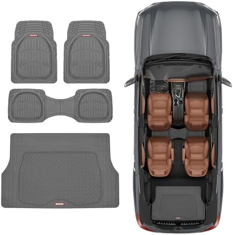 Motor Trend FlexTough 4-Piece Heavy Duty Floor Mats for Cars Trucks SUVs, Automotive Floor Mats Car Mats Full Set Front, Rear & Cargo, Trim-To-Fit Semi-Custom Deep Dish All Weather Rubber Mats - Gray