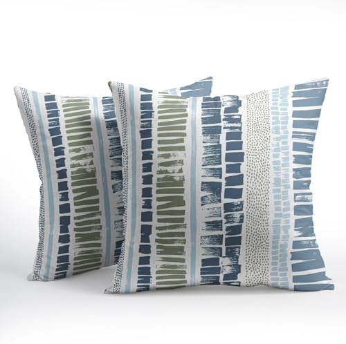 Blue Green Pillow Covers 22x22 Set of 2 Boho Striped Dots Print Pattern Decorative Outdoor Zipper Pillowcases Rustic Decoration Farmhouse Linen Throw Cushion Cover Decor for Home Couch Sofa Bed - Image 7
