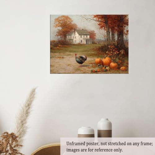 Autumn Farmhouse Wall Art with Turkey and Pumpkins – Vintage Thanksgiving Landscape Poster,Rustic Fall Harvest Canvas Print for Dining Room Decor 20x30in Unframed - Image 5