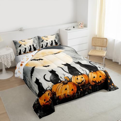 Happy Halloween Comforter Set Moon Pumpkin Cats Comforter Twin Size Cartoon Cat Bat Animal Rustic Bedding Set for Kids Adult Bedroom Decor Fashion White Black Quilt Duvet,2 Pcs with 1 Pillowcase - Image 5