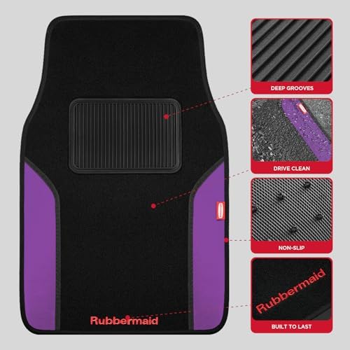 Rubbermaid Car Mats, Carpeted Floor Car Mat with Faux Leather & Built-in Heel Pad, Two-Tone Car Rug Floor Mats, Stylish Carpeted Floor Mats for Cars, Trucks & SUVs Purple Color